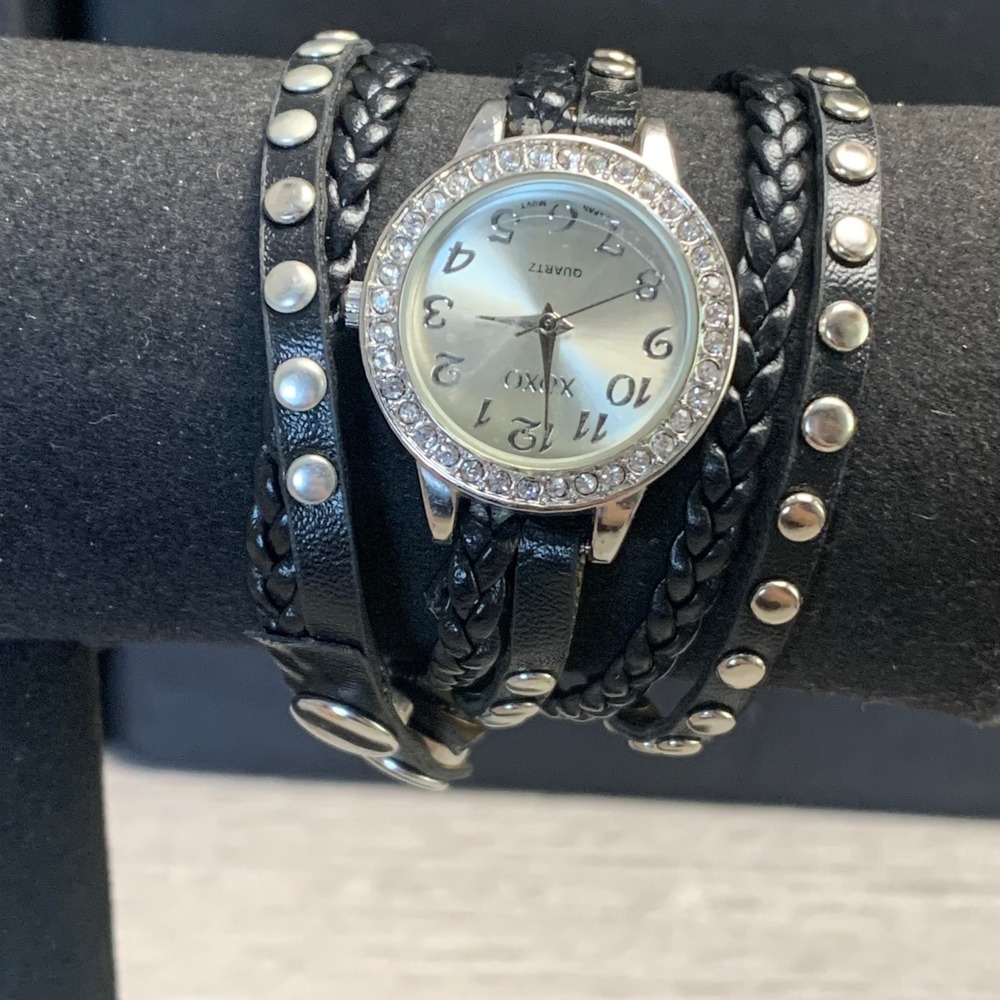 XOXO Womens Black Wrap Watch Rhinestone Bezel Studded Braided Band XO5636